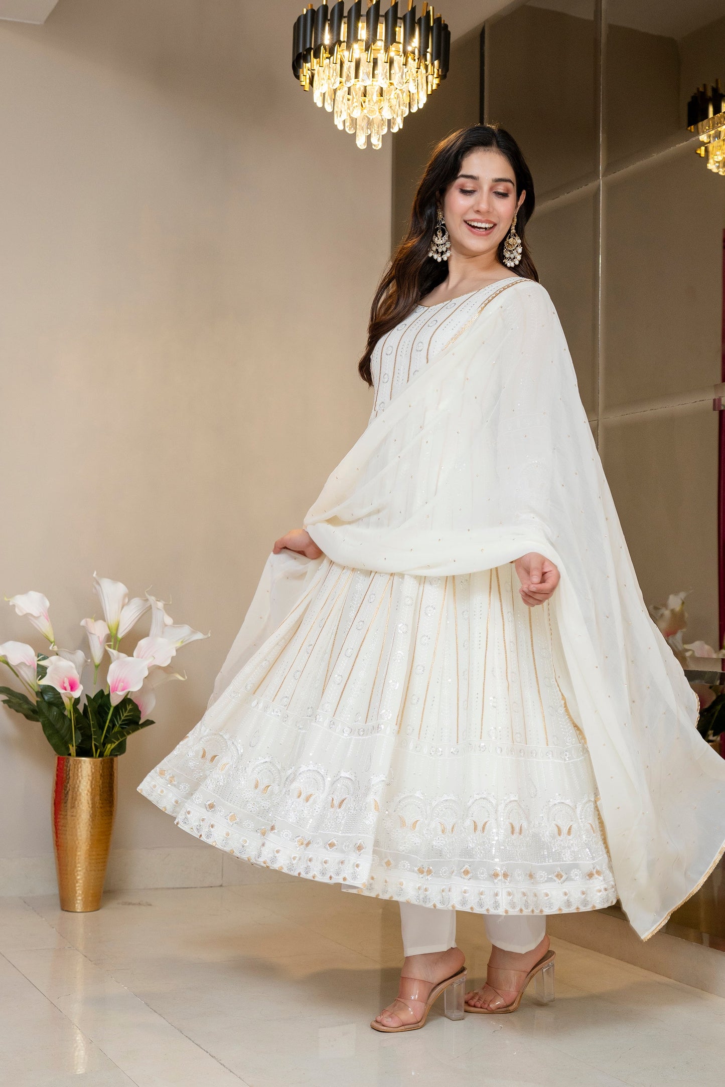 Yash Enterprise Off White Faux Blooming Party Wear Embroidery Suit Set