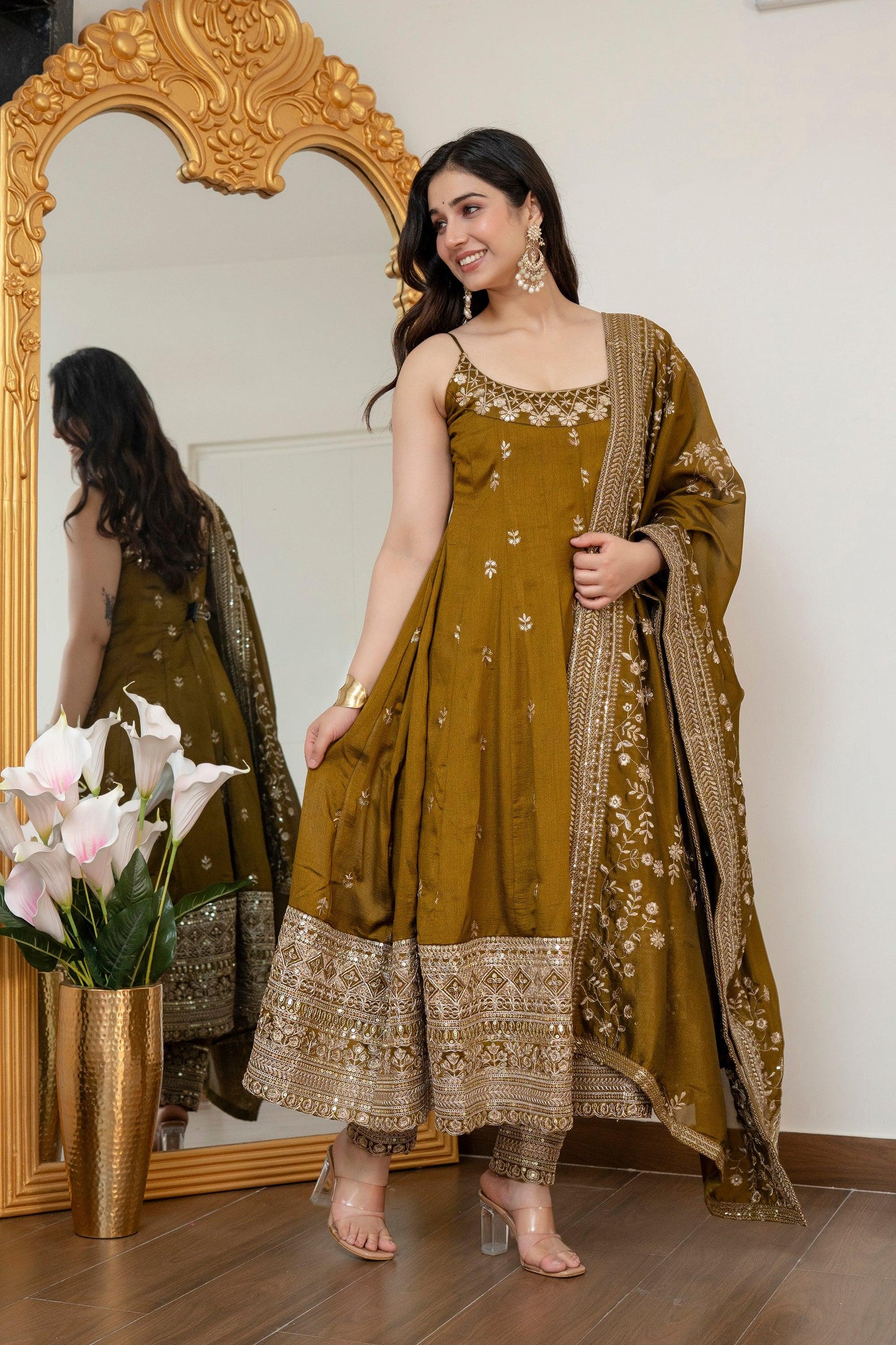 Yash Enterprise Mehndi Vichitra Silk Party Wear Embroidery Suit Set