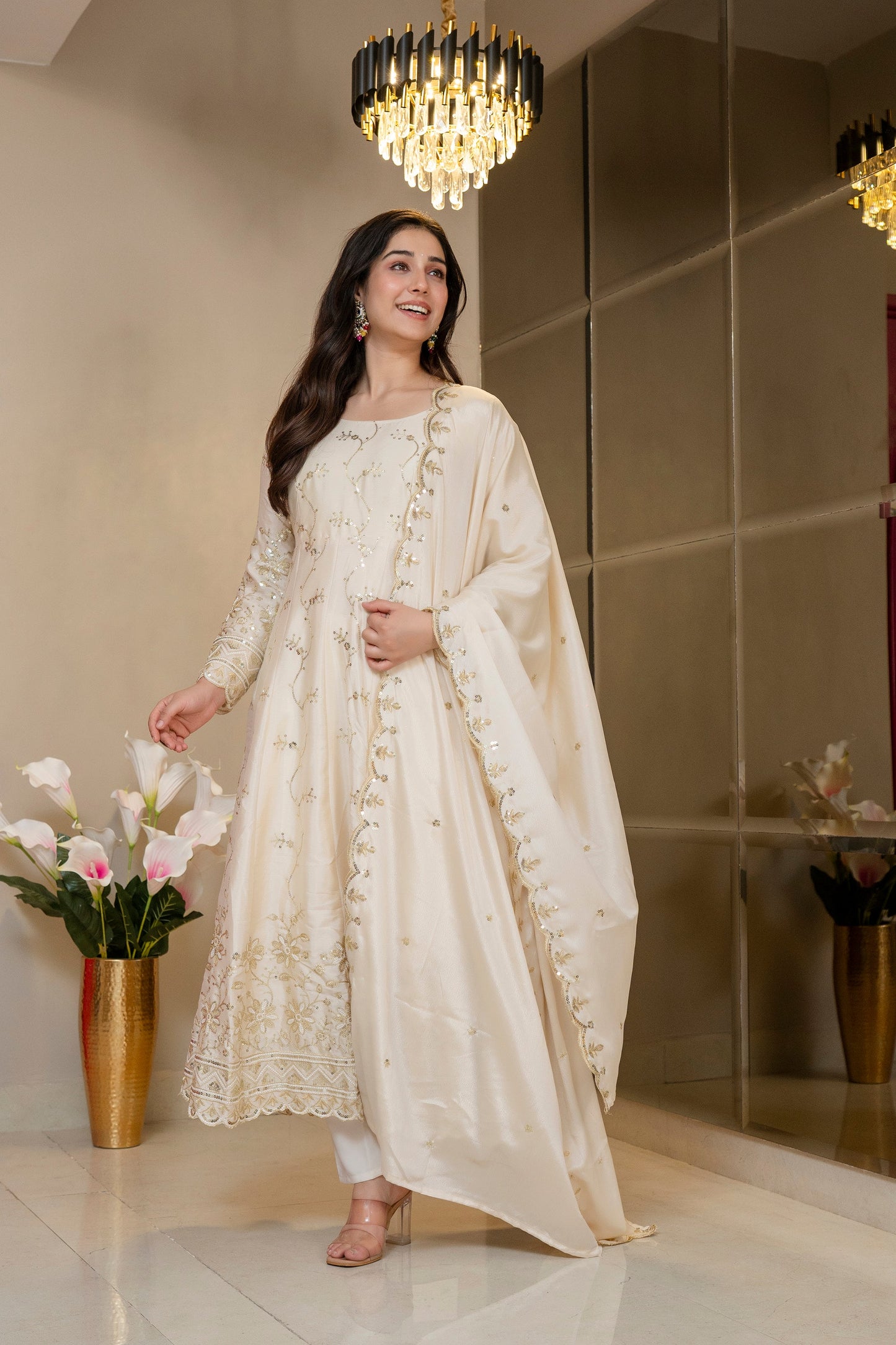 Yash Enterprise Cream Chinon Silk Party Wear Embroidery Suit Set