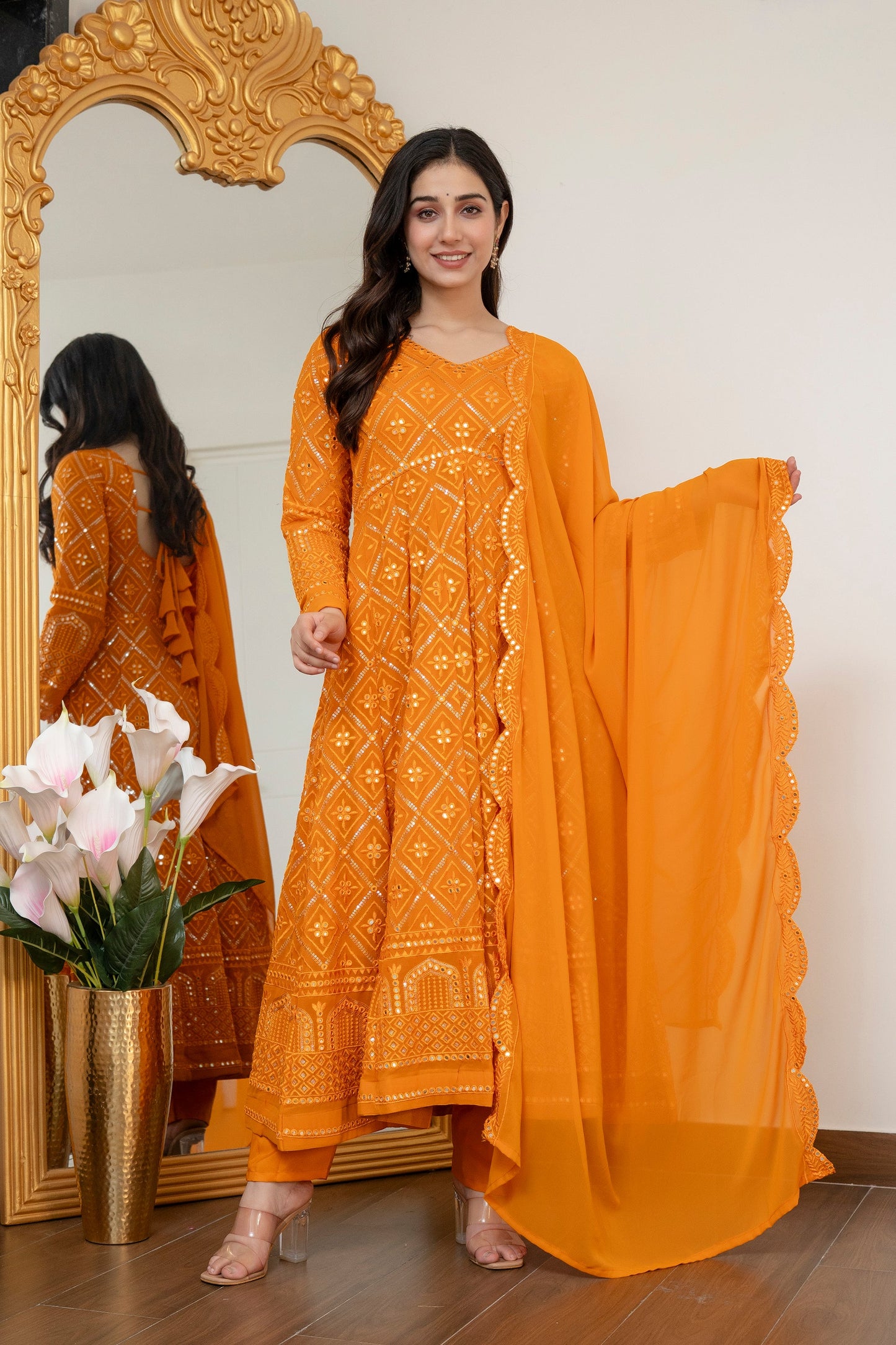 Yash Enterprise Yellow Blooming Silk Party Wear Embroidery Suit Set