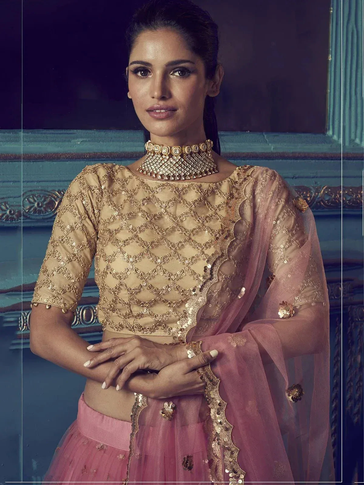 Tulsi Art Pink Beige Sequins Net Wedding Wear Lehenga Choli With Dupatta