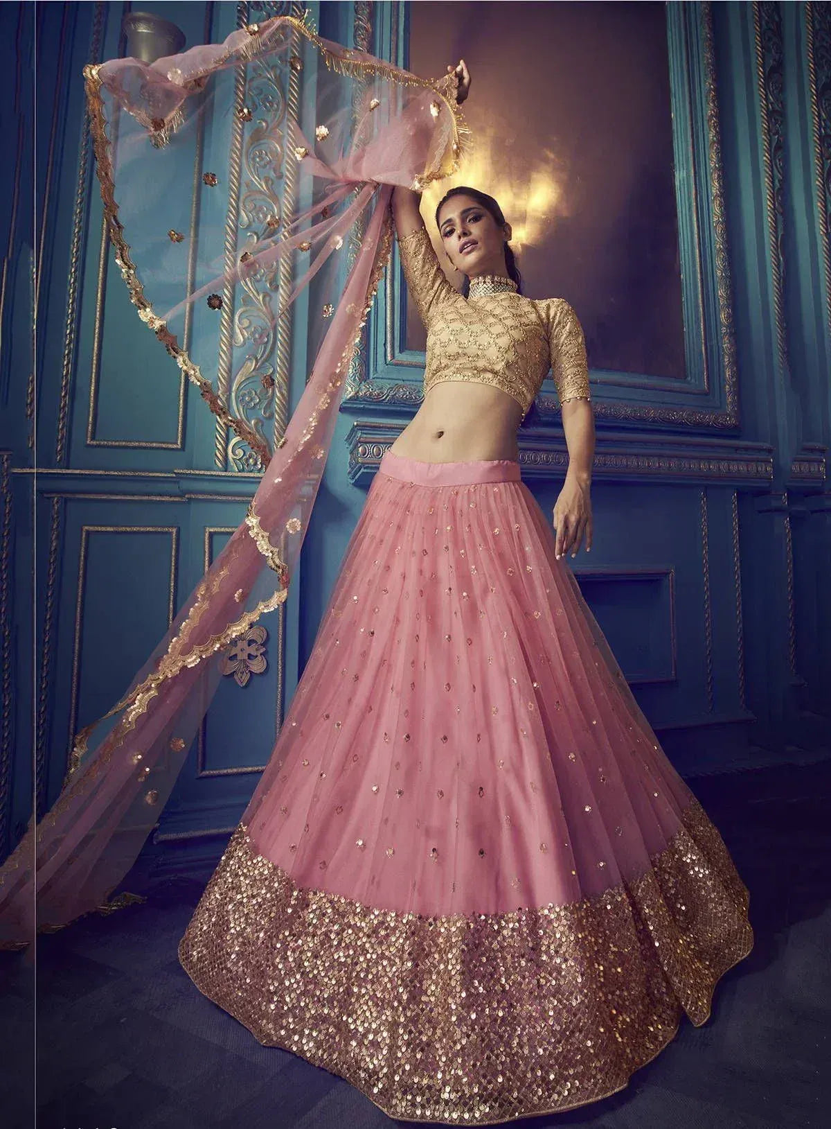 Tulsi Art Pink Beige Sequins Net Wedding Wear Lehenga Choli With Dupatta