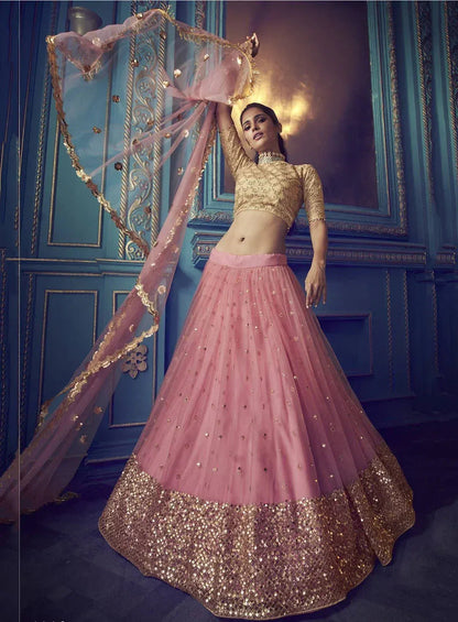 Tulsi Art Pink Beige Sequins Net Wedding Wear Lehenga Choli With Dupatta