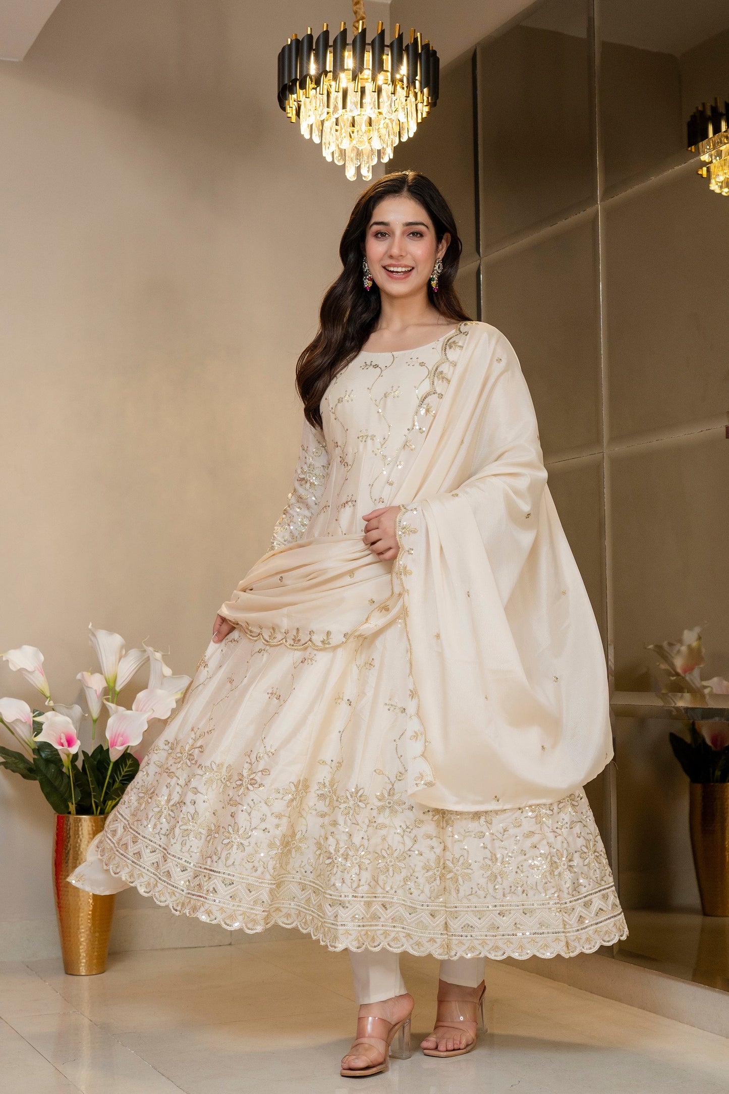 Yash Enterprise Cream Chinon Silk Party Wear Embroidery Suit Set