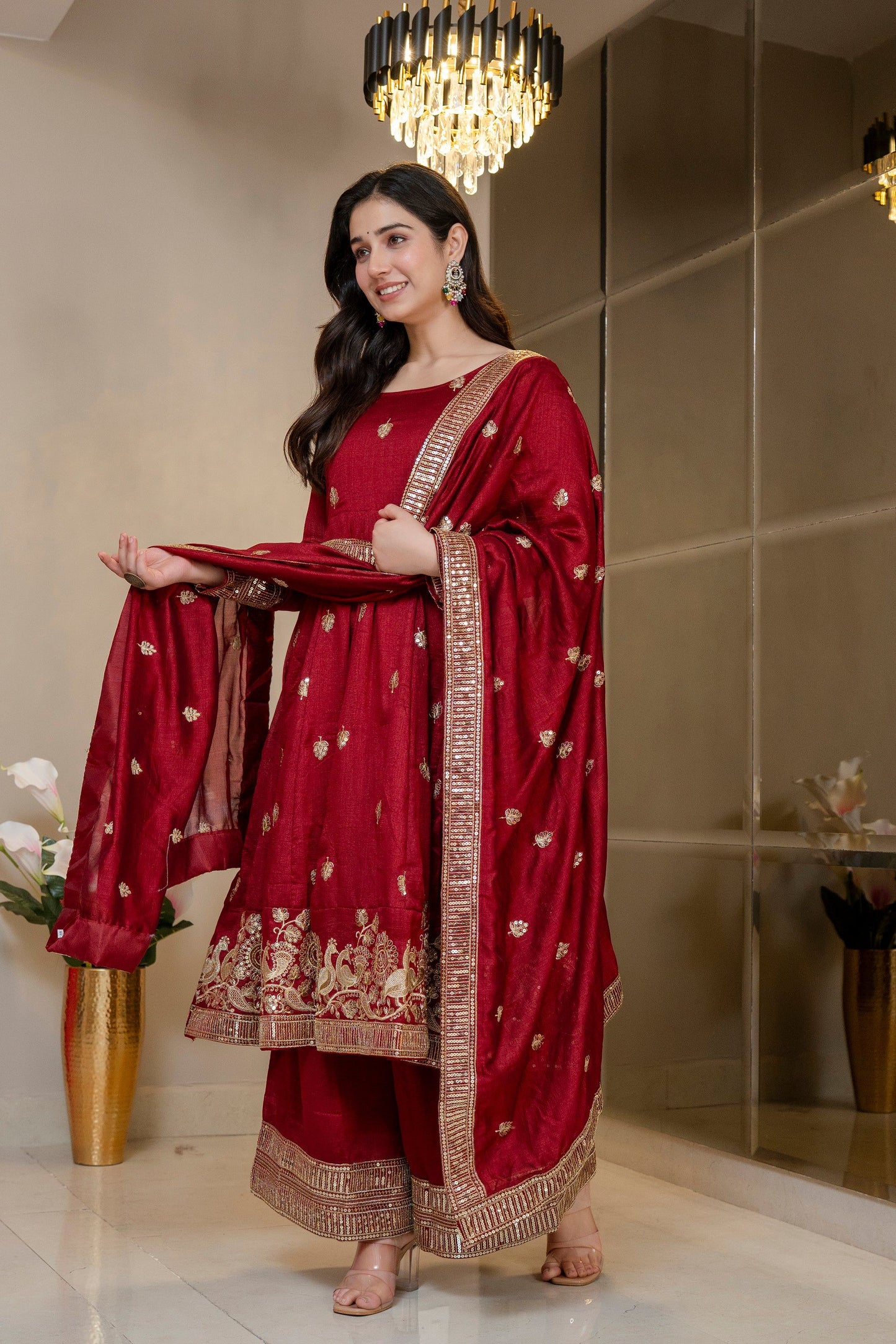 Yash Enterprise Maroon Simmar Silk Party Wear Embroidery Suit Set
