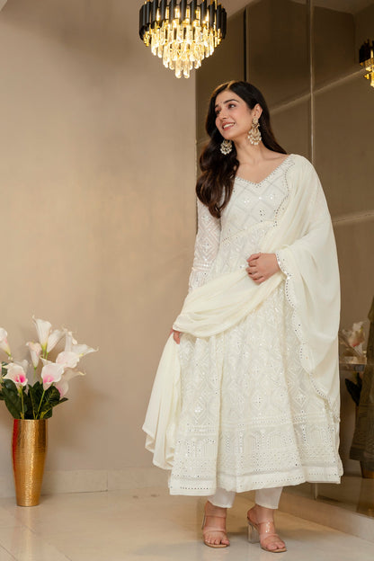 Yash Enterprise Off White Georgette Party Wear Embroidery Suit Set