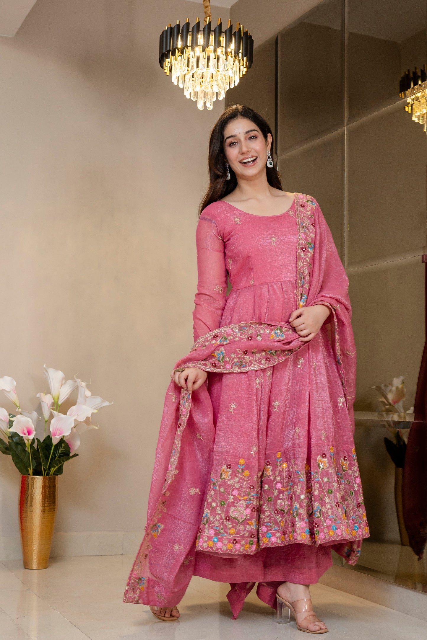 Yash Enterprise Dusty Rose Crunchy Silk Party Wear Embroidery Sharara Suit Set