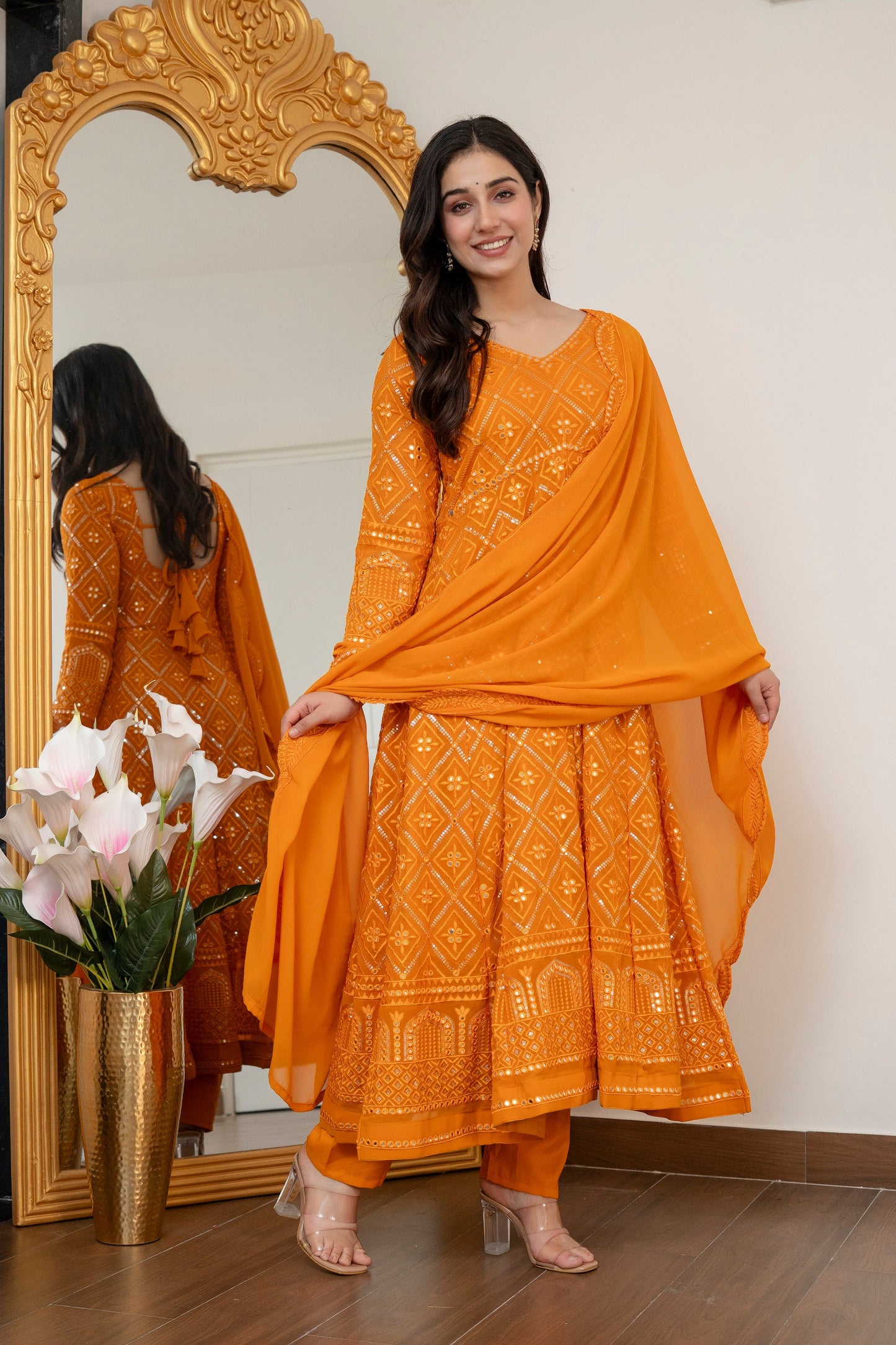 Yash Enterprise Yellow Blooming Silk Party Wear Embroidery Suit Set