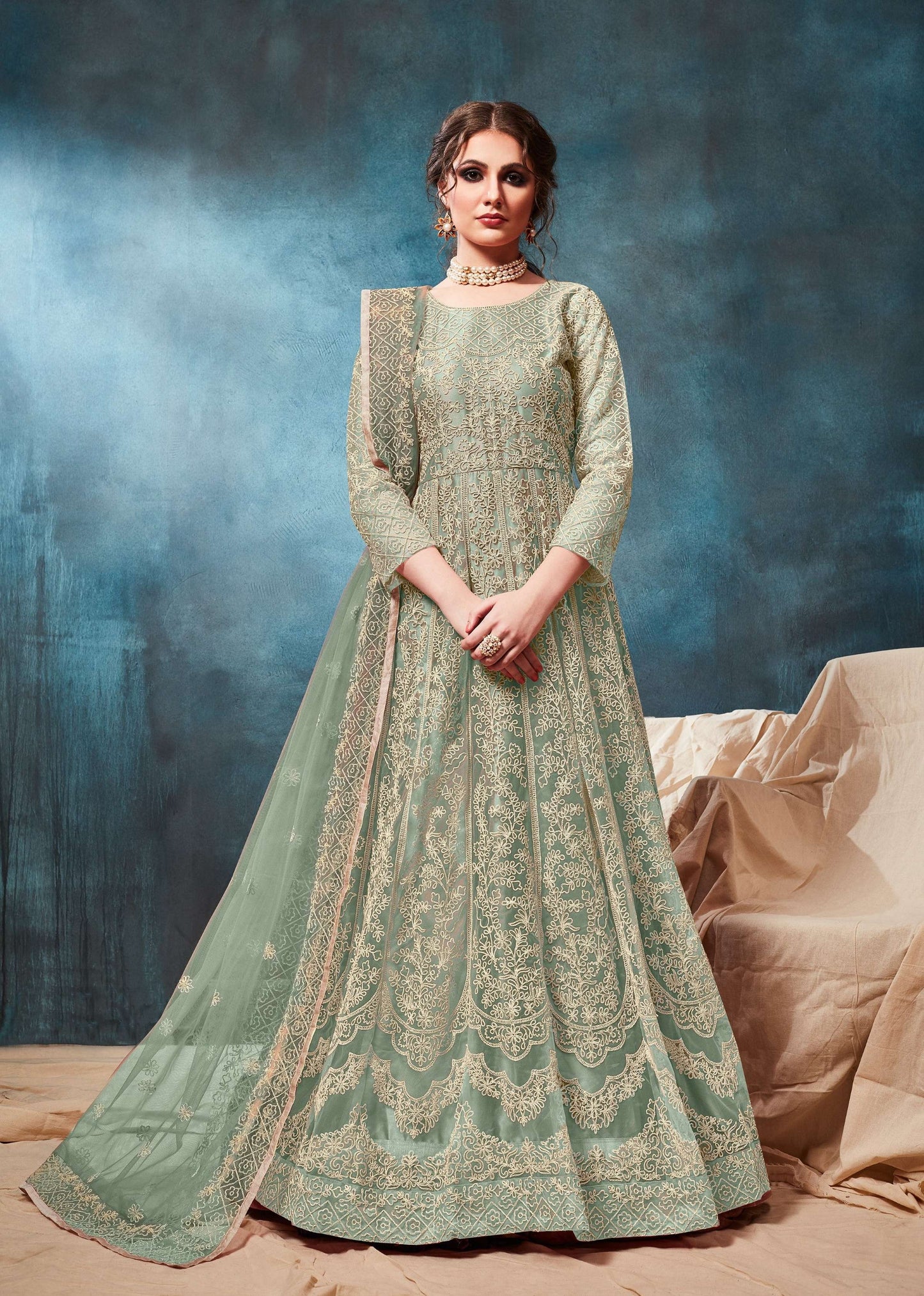 Anaita Light Green Embroidered Net Anarkali Suit