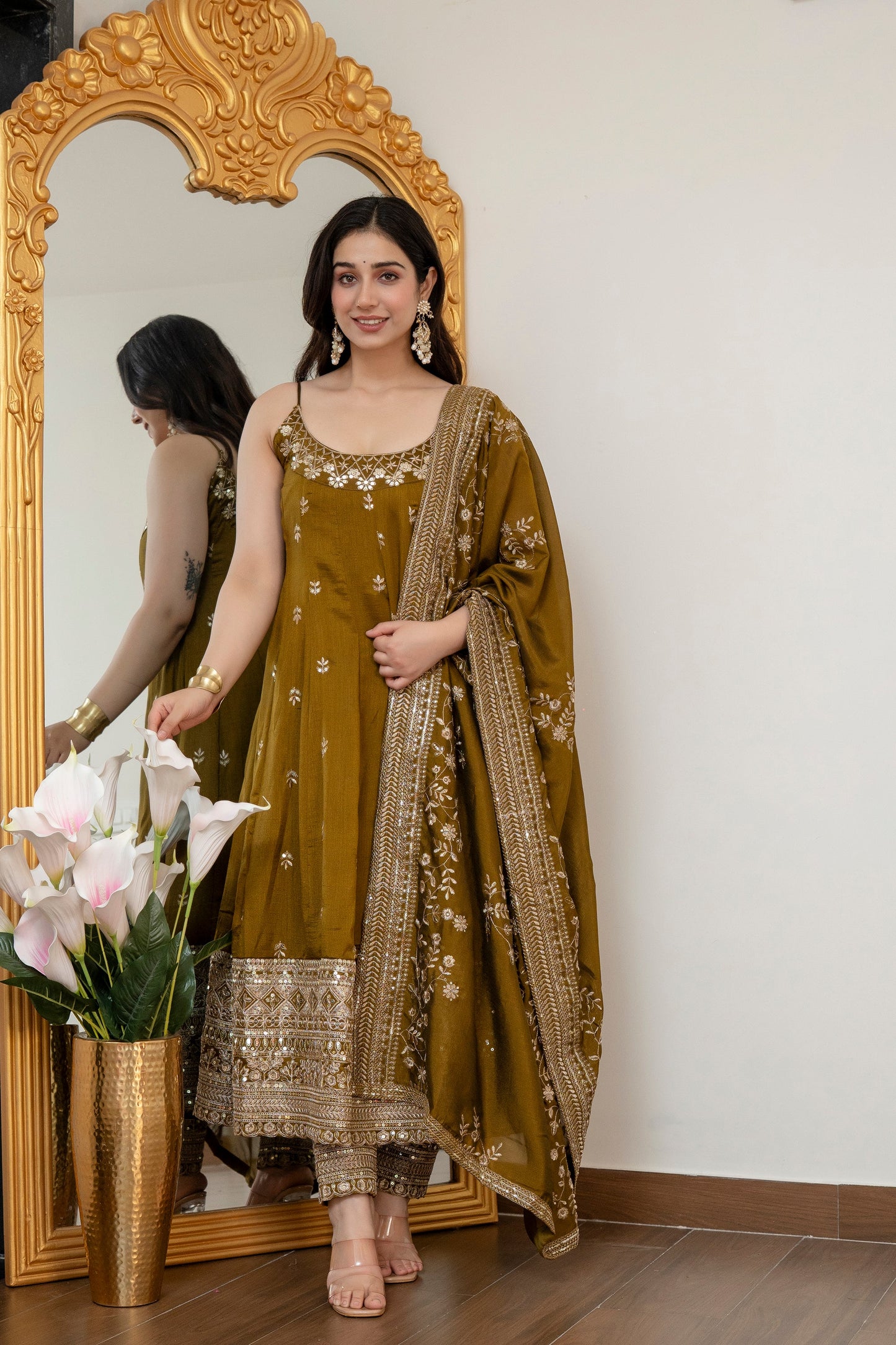 Yash Enterprise Mehndi Vichitra Silk Party Wear Embroidery Suit Set