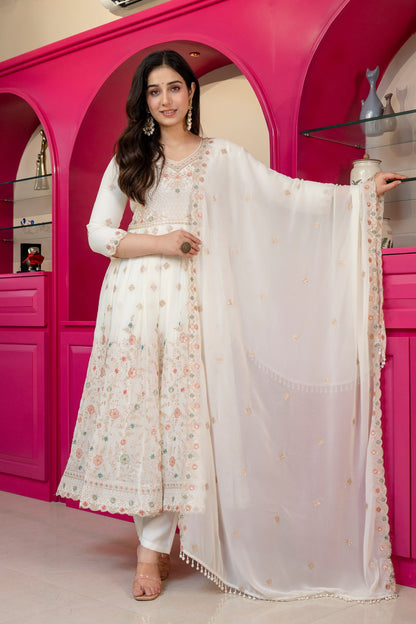 Yash Enterprise Off White Georgette Party Wear Anarkali Suit Set