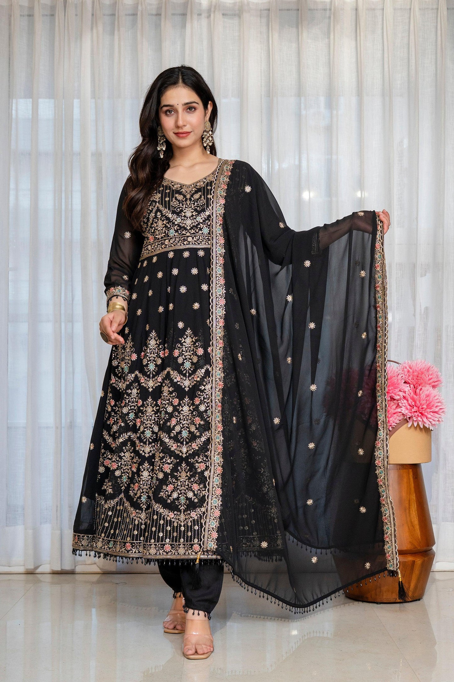 Yash Enterprise Black Georgette Party Wear Anarkali Suit Set