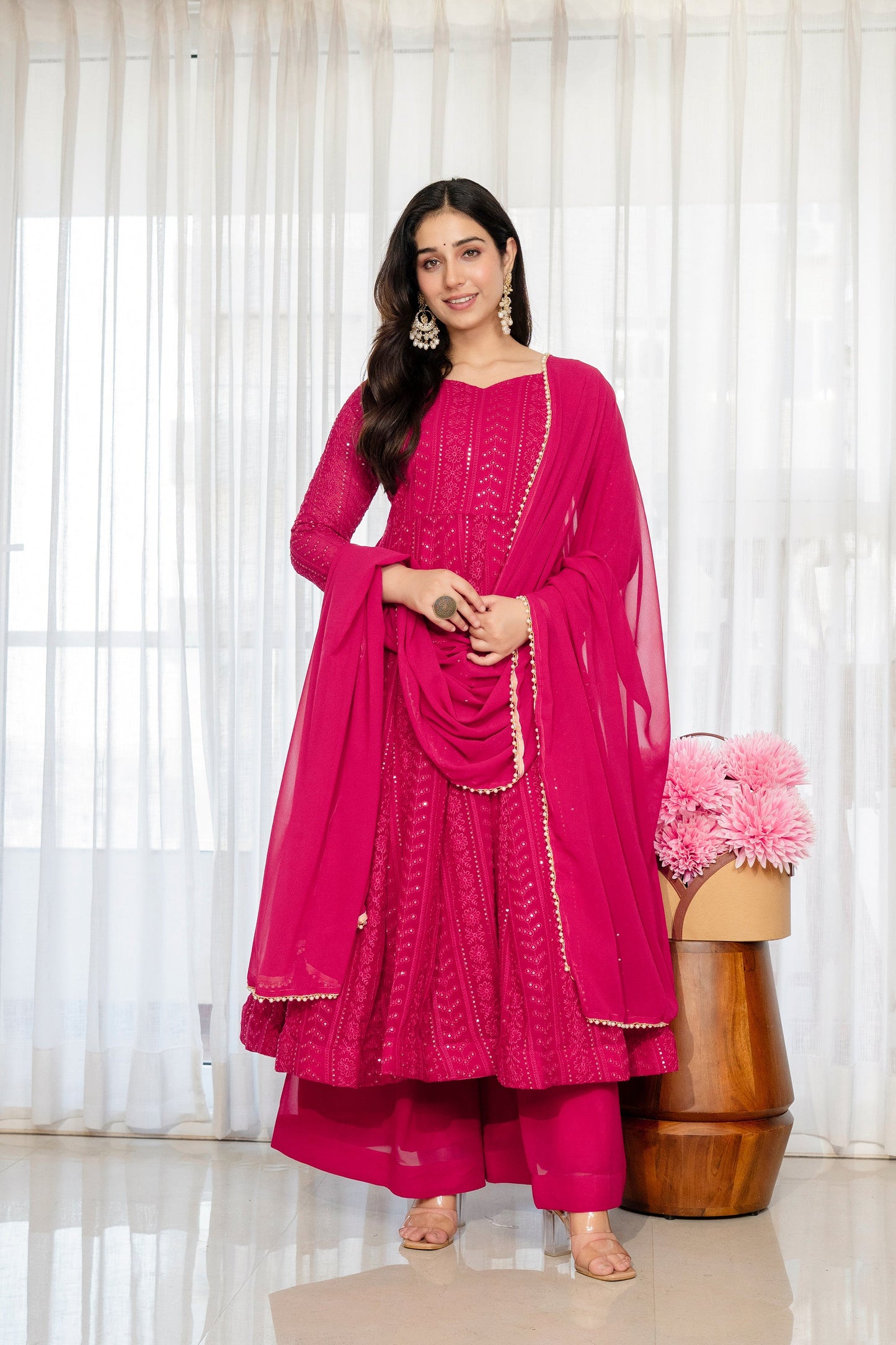 Yash Enterprise Rani Pink Blooming Silk Party Wear Embroidery Sharara Suit Set