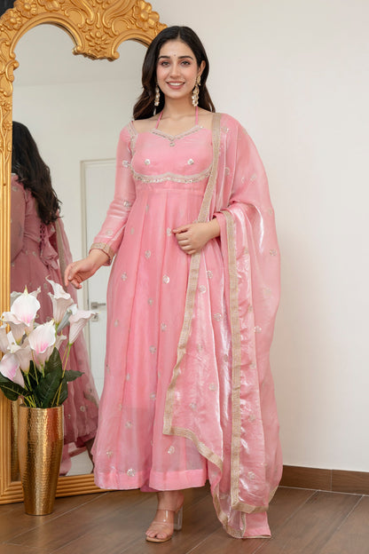 Yash Enterprise Peach Fandy Silk Party Wear Embroidery Suit Set