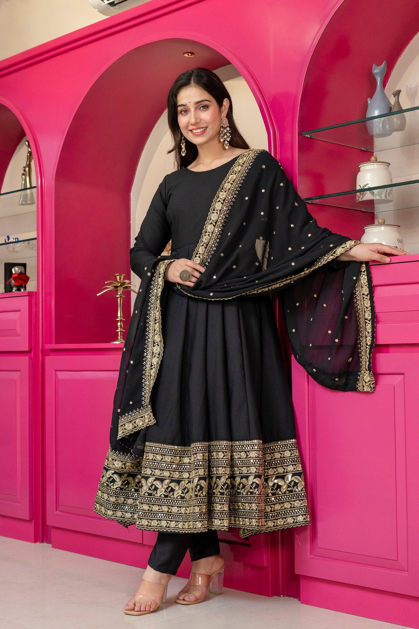 Yash Enterprise Black Rayon Party Wear Embroidery Suit Set