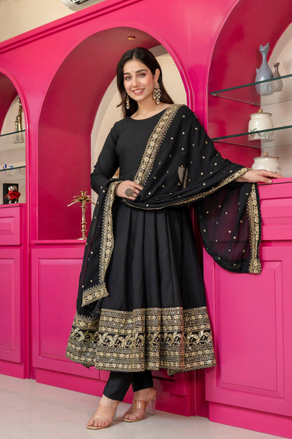 Yash Enterprise Black Rayon Party Wear Embroidery Suit Set