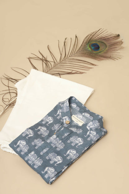 Breathables Kids Boys & Girls Cotton Night Suit  Grey Elephant Print Kurta & Pyjama Co-Ord Set