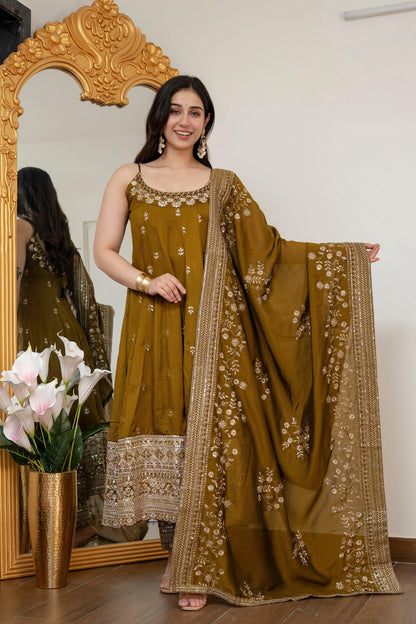 Yash Enterprise Mehndi Vichitra Silk Party Wear Embroidery Suit Set