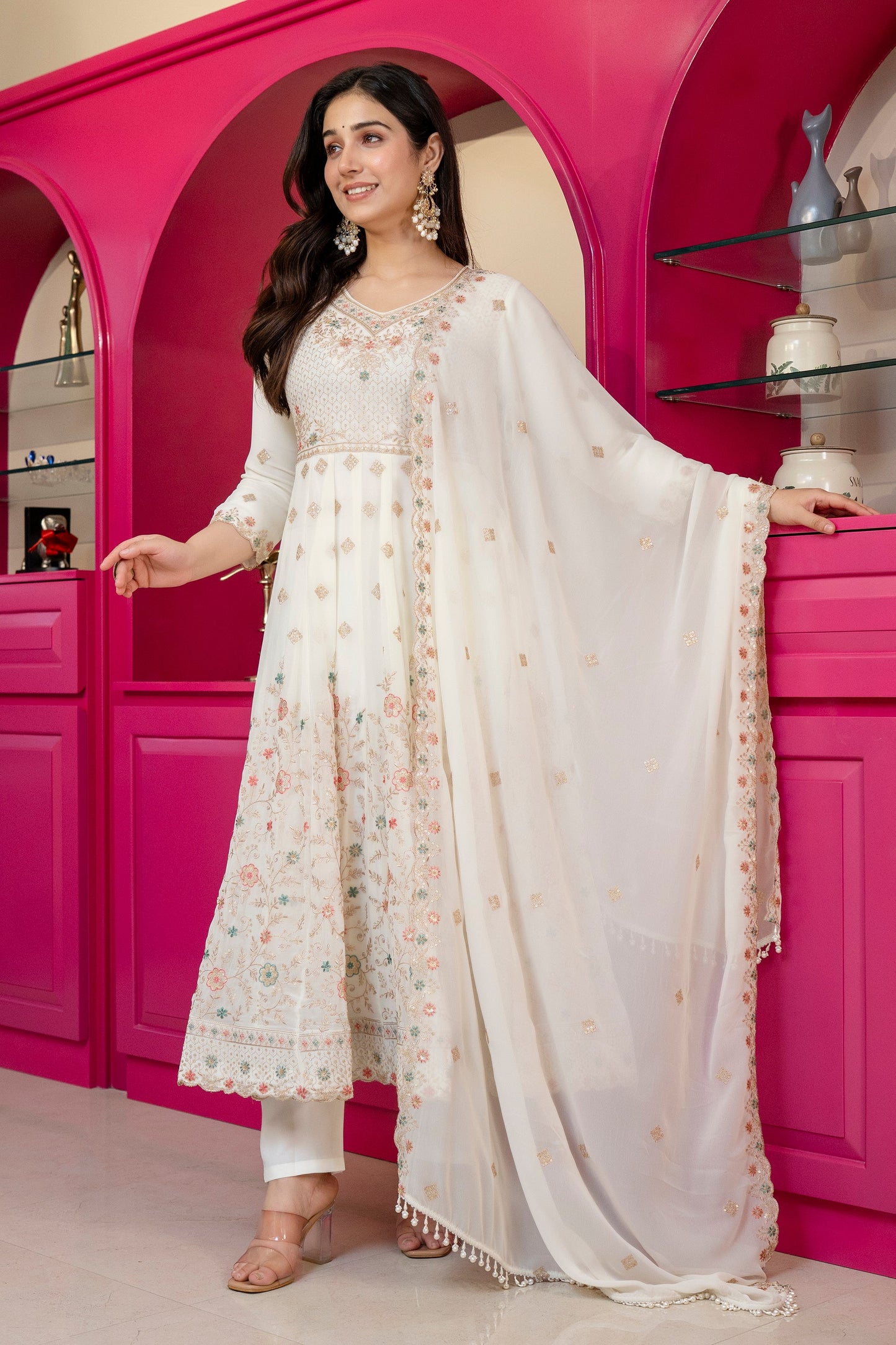 Yash Enterprise Off White Georgette Party Wear Anarkali Suit Set