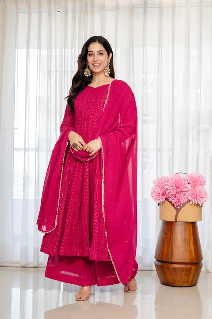 Yash Enterprise Rani Pink Blooming Silk Party Wear Embroidery Sharara Suit Set