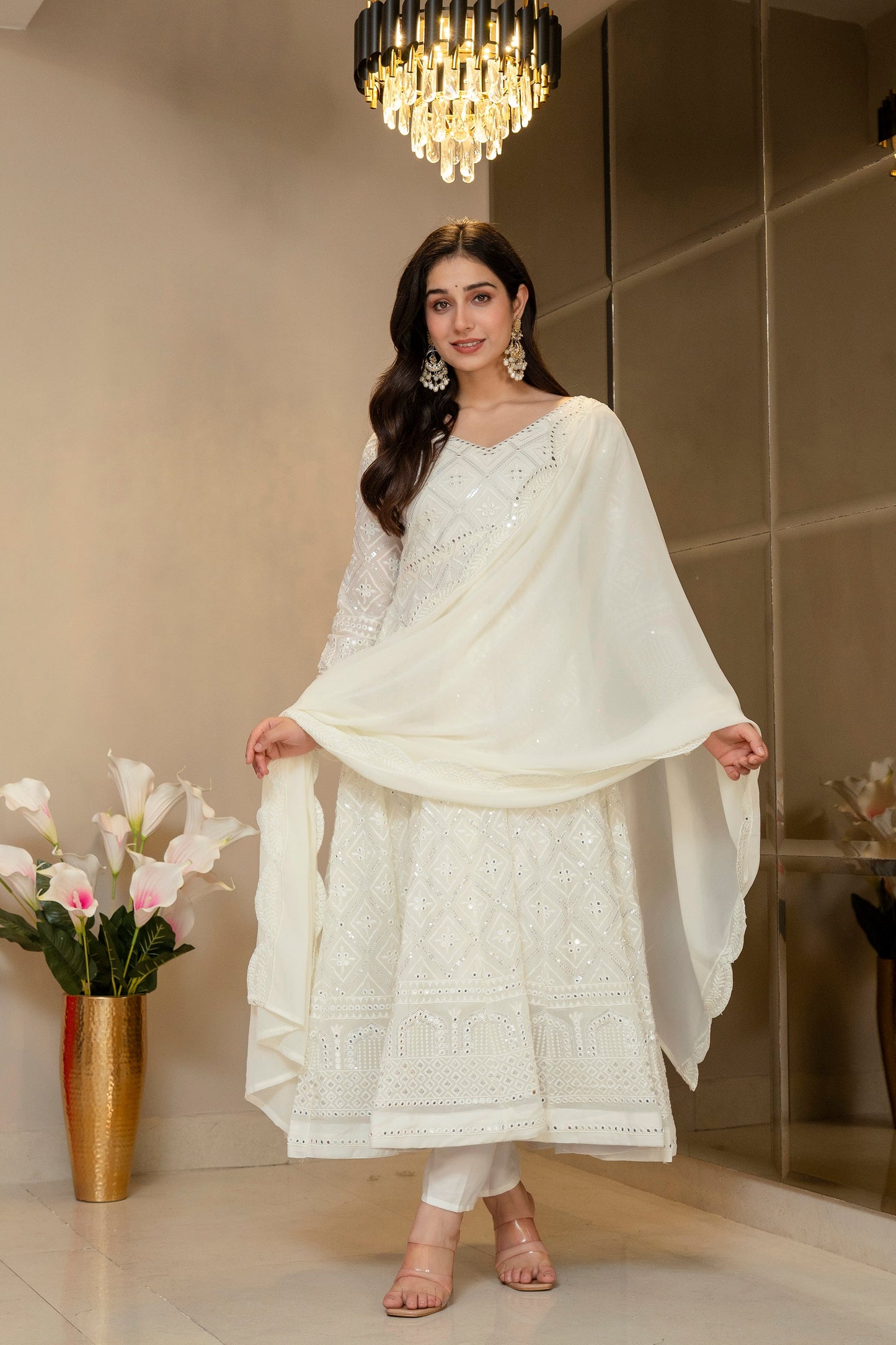 Yash Enterprise Off White Georgette Party Wear Embroidery Suit Set