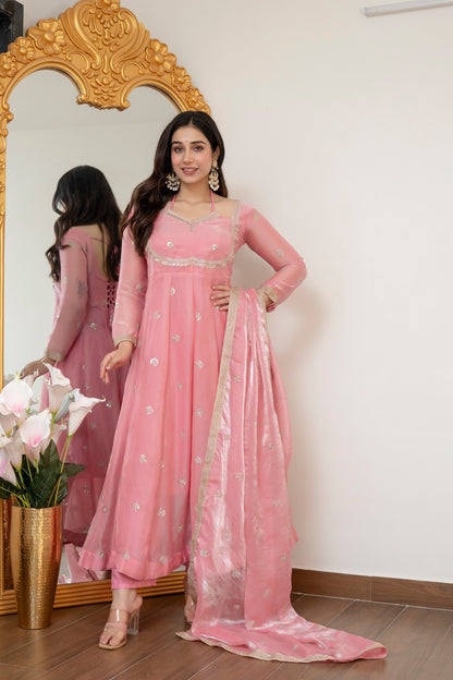 Yash Enterprise Peach Fandy Silk Party Wear Embroidery Suit Set