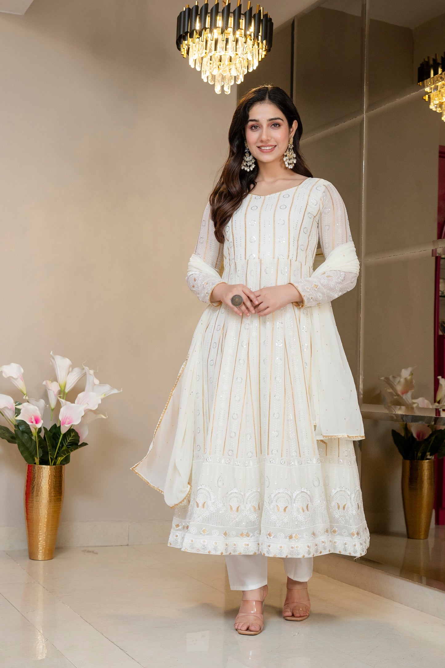 Yash Enterprise Off White Faux Blooming Party Wear Embroidery Suit Set