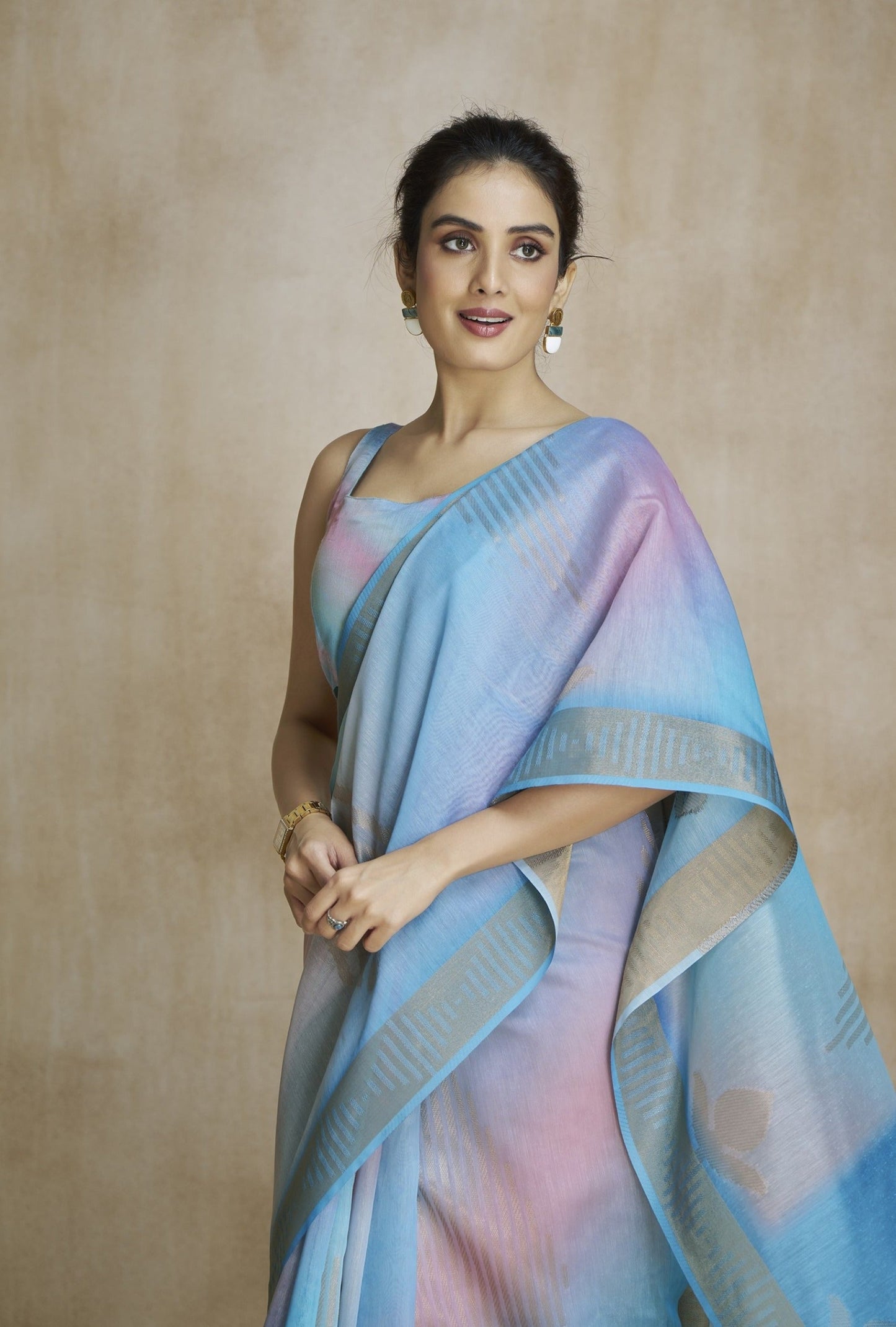 Anaita Blue Fabric With Digital Print Saree With Blouse