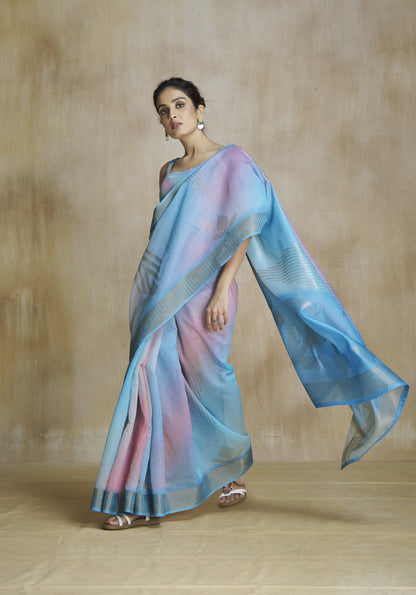 Anaita Blue Fabric With Digital Print Saree With Blouse