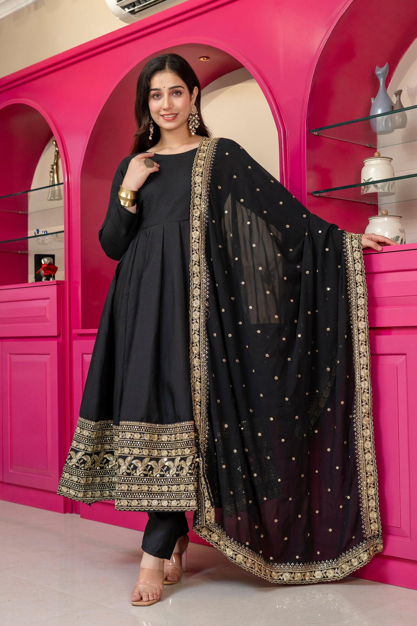 Yash Enterprise Black Rayon Party Wear Embroidery Suit Set
