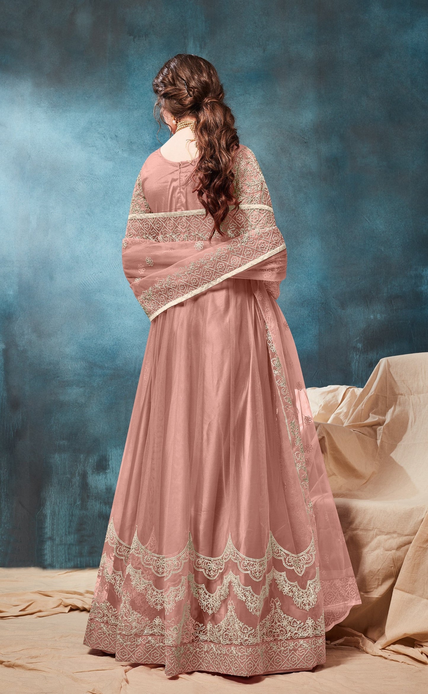 Anaita Peach Embroidered Net Anarkali Suit