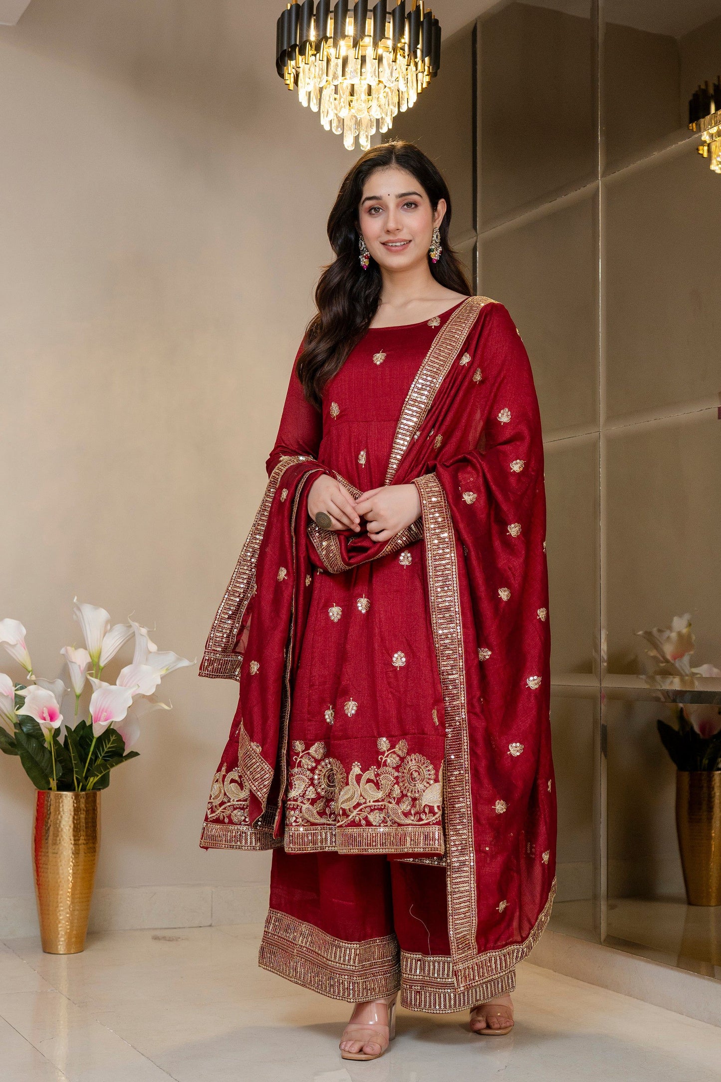 Yash Enterprise Maroon Simmar Silk Party Wear Embroidery Suit Set
