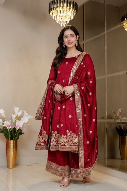 Yash Enterprise Maroon Simmar Silk Party Wear Embroidery Suit Set