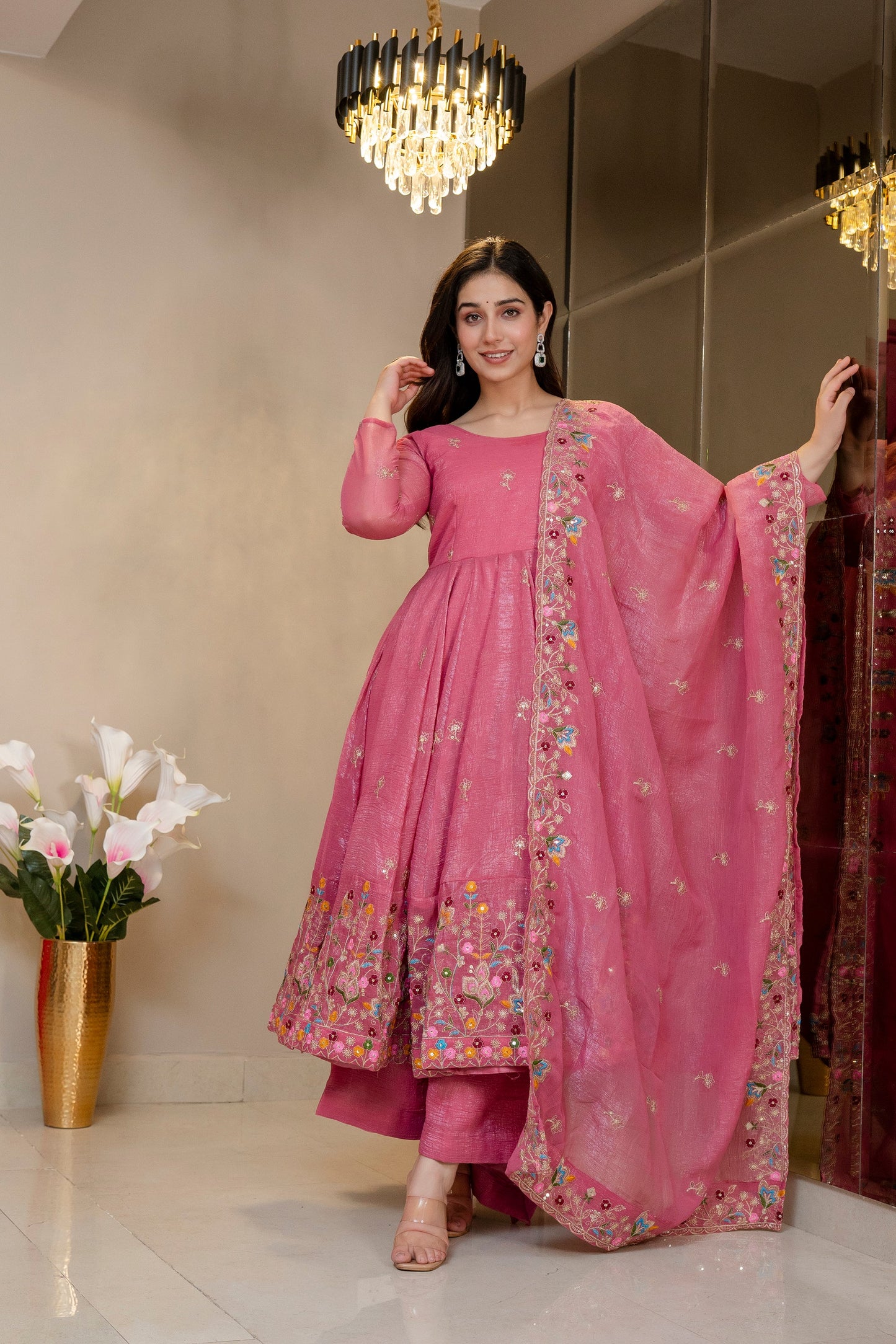 Yash Enterprise Dusty Rose Crunchy Silk Party Wear Embroidery Sharara Suit Set