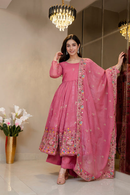 Yash Enterprise Dusty Rose Crunchy Silk Party Wear Embroidery Sharara Suit Set