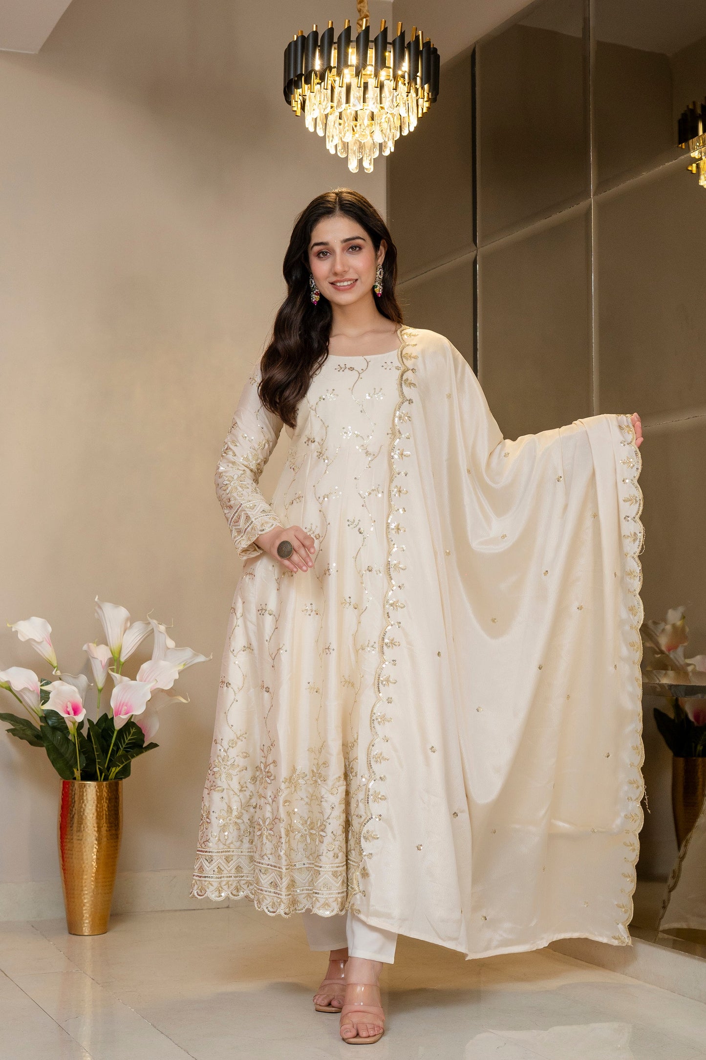 Yash Enterprise Cream Chinon Silk Party Wear Embroidery Suit Set