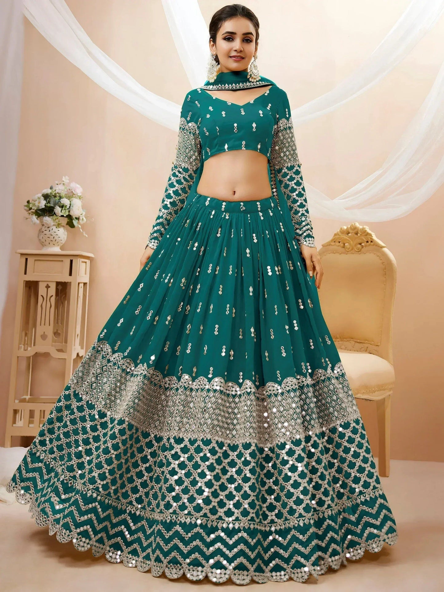 Tulsi Art Spectacular Teal Blue Zari Work Georgette Wedding Wear Lehenga Choli