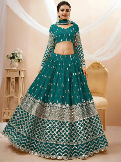 Tulsi Art Spectacular Teal Blue Zari Work Georgette Wedding Wear Lehenga Choli