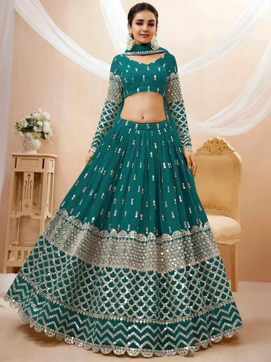 Tulsi Art Spectacular Teal Blue Zari Work Georgette Wedding Wear Lehenga Choli