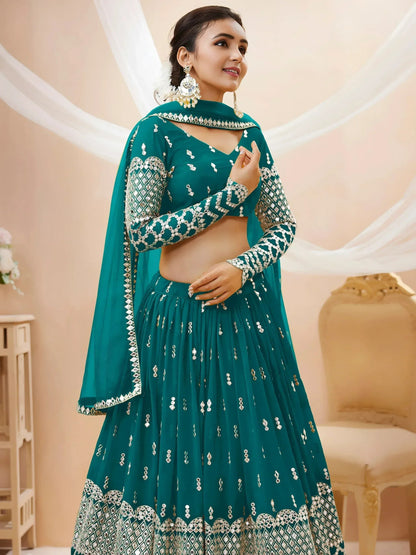 Tulsi Art Spectacular Teal Blue Zari Work Georgette Wedding Wear Lehenga Choli