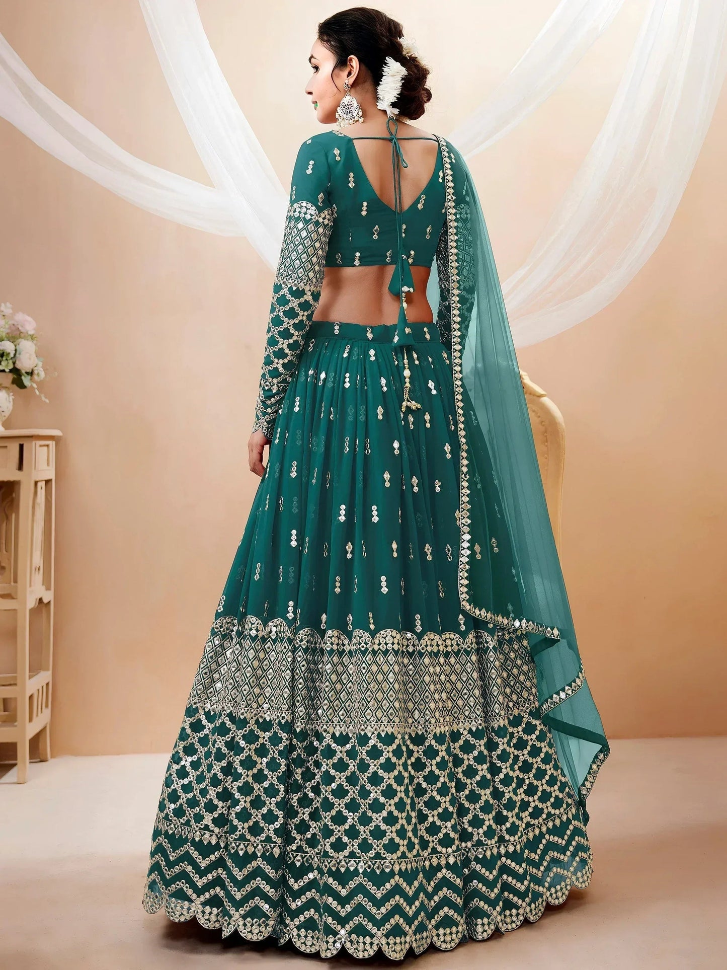 Tulsi Art Spectacular Teal Blue Zari Work Georgette Wedding Wear Lehenga Choli