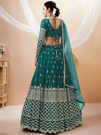 Tulsi Art Spectacular Teal Blue Zari Work Georgette Wedding Wear Lehenga Choli