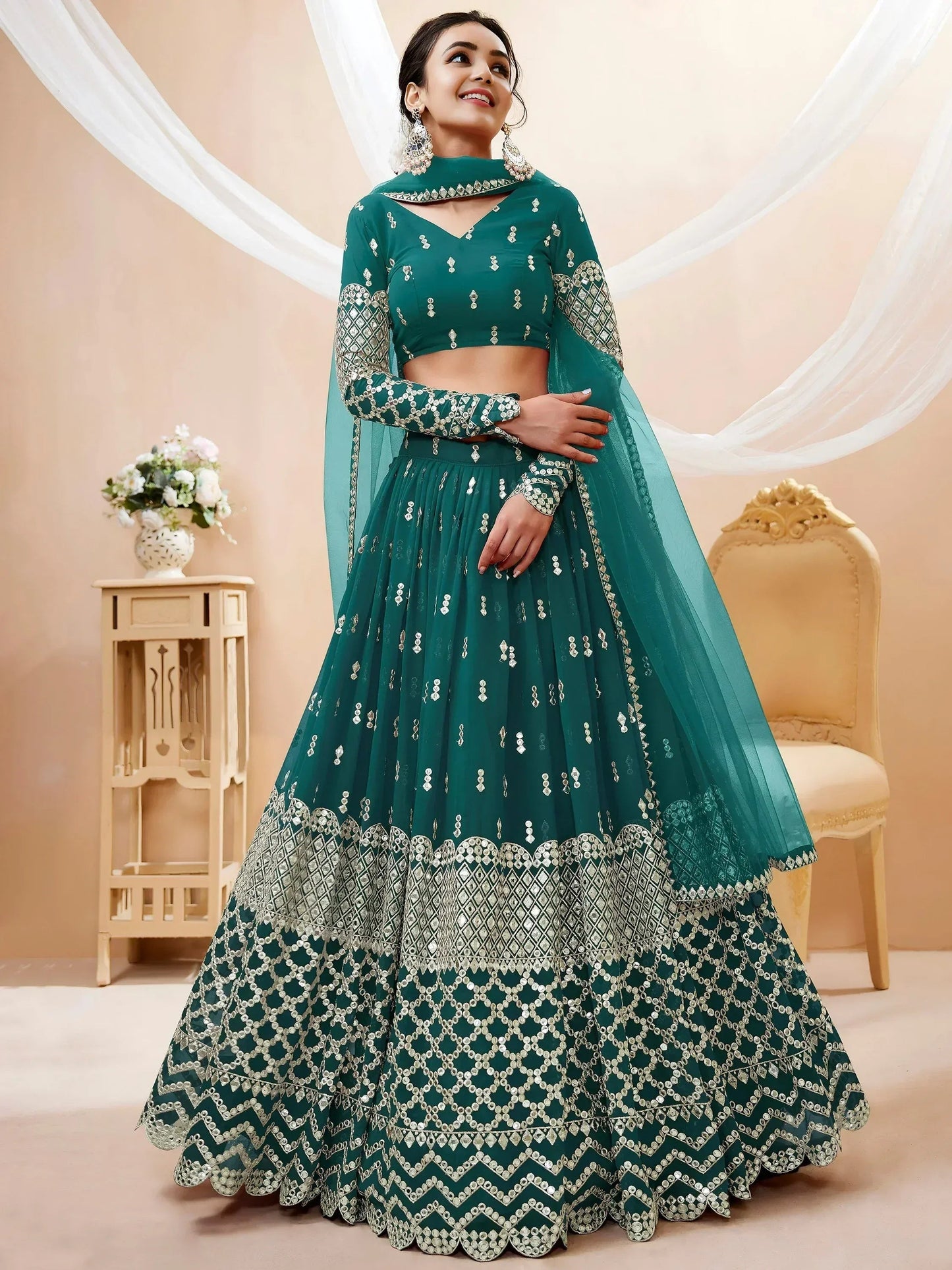 Tulsi Art Spectacular Teal Blue Zari Work Georgette Wedding Wear Lehenga Choli