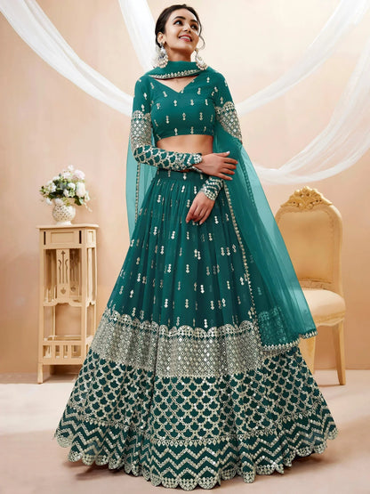 Tulsi Art Spectacular Teal Blue Zari Work Georgette Wedding Wear Lehenga Choli