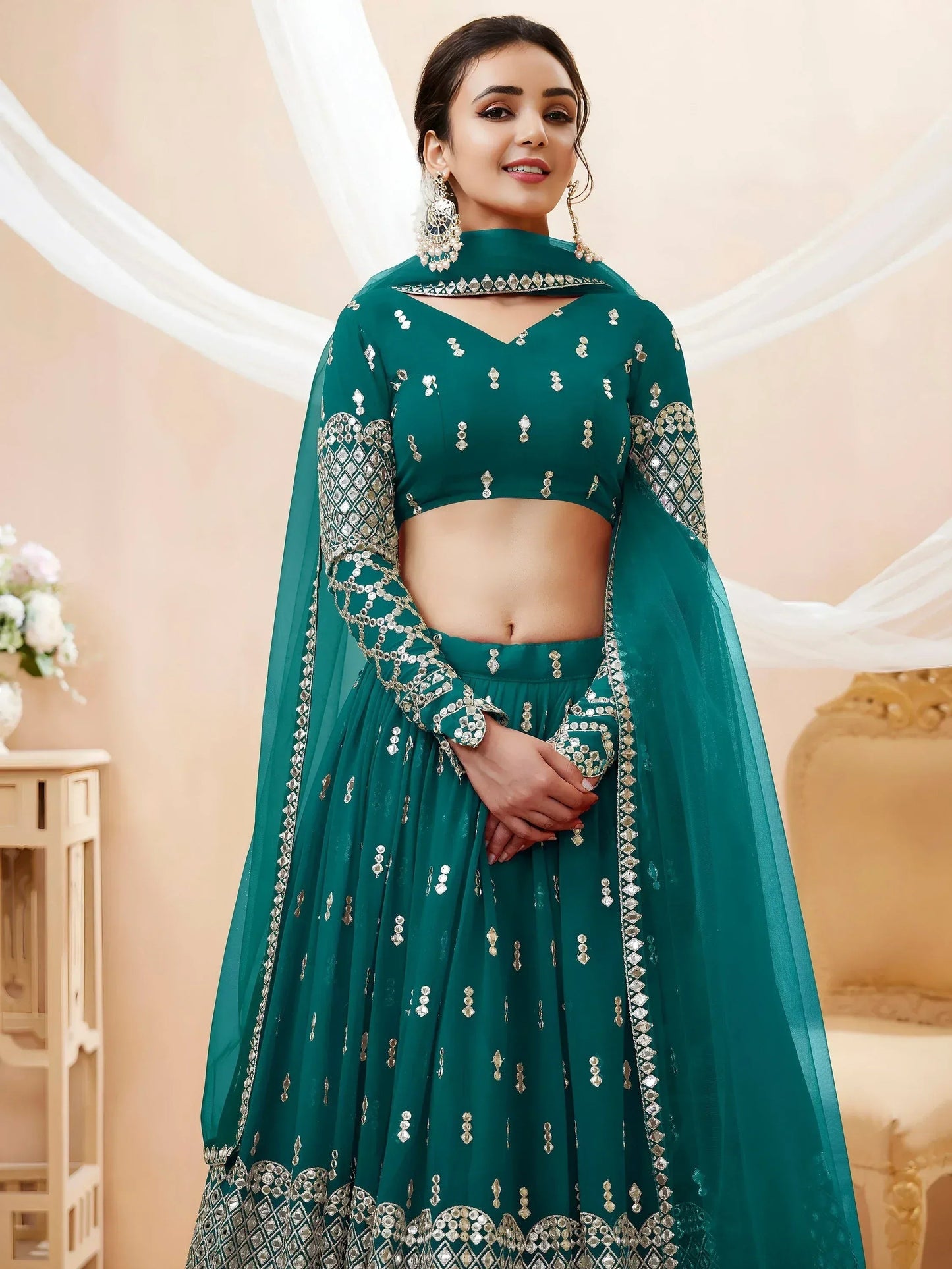 Tulsi Art Spectacular Teal Blue Zari Work Georgette Wedding Wear Lehenga Choli