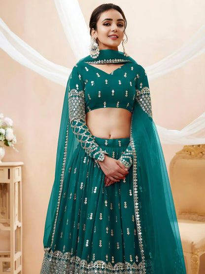 Tulsi Art Spectacular Teal Blue Zari Work Georgette Wedding Wear Lehenga Choli