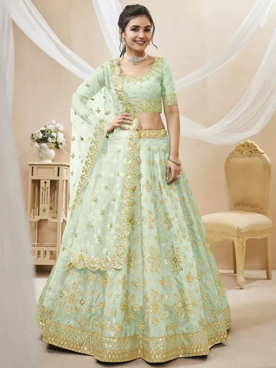 Tulsi Art Pista Green Paper Mirror Mulberry Silk Wedding Wear Lehenga Choli