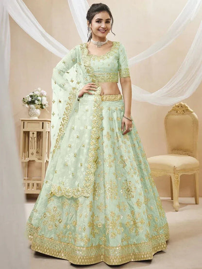 Tulsi Art Pista Green Paper Mirror Mulberry Silk Wedding Wear Lehenga Choli
