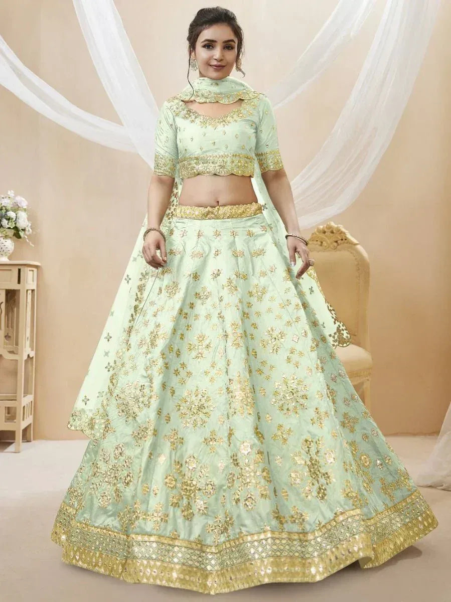 Tulsi Art Pista Green Paper Mirror Mulberry Silk Wedding Wear Lehenga Choli
