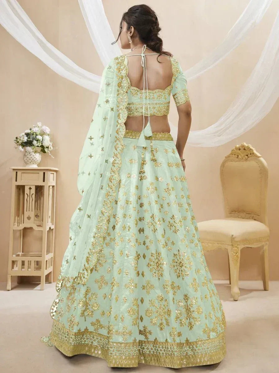 Tulsi Art Pista Green Paper Mirror Mulberry Silk Wedding Wear Lehenga Choli